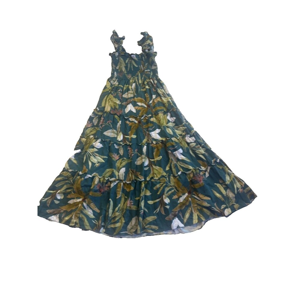 Few Moda Calypso Dress Women's L Green Striped Smocked Tiered Ruffle Maxi
